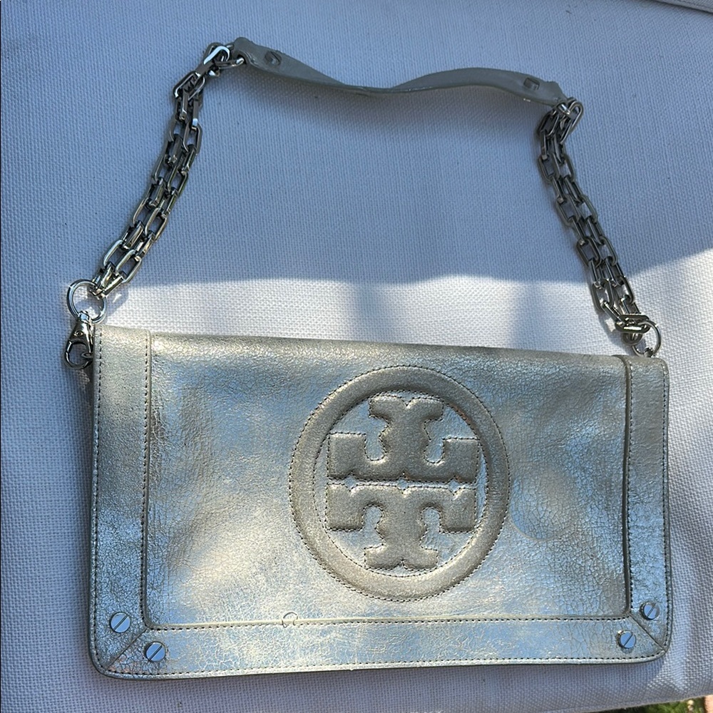 Tory Burch Shimmering Silver clutch with long chain